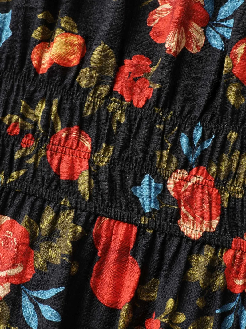 Fall Fruity Floral Waist-Cinched Midi Dress