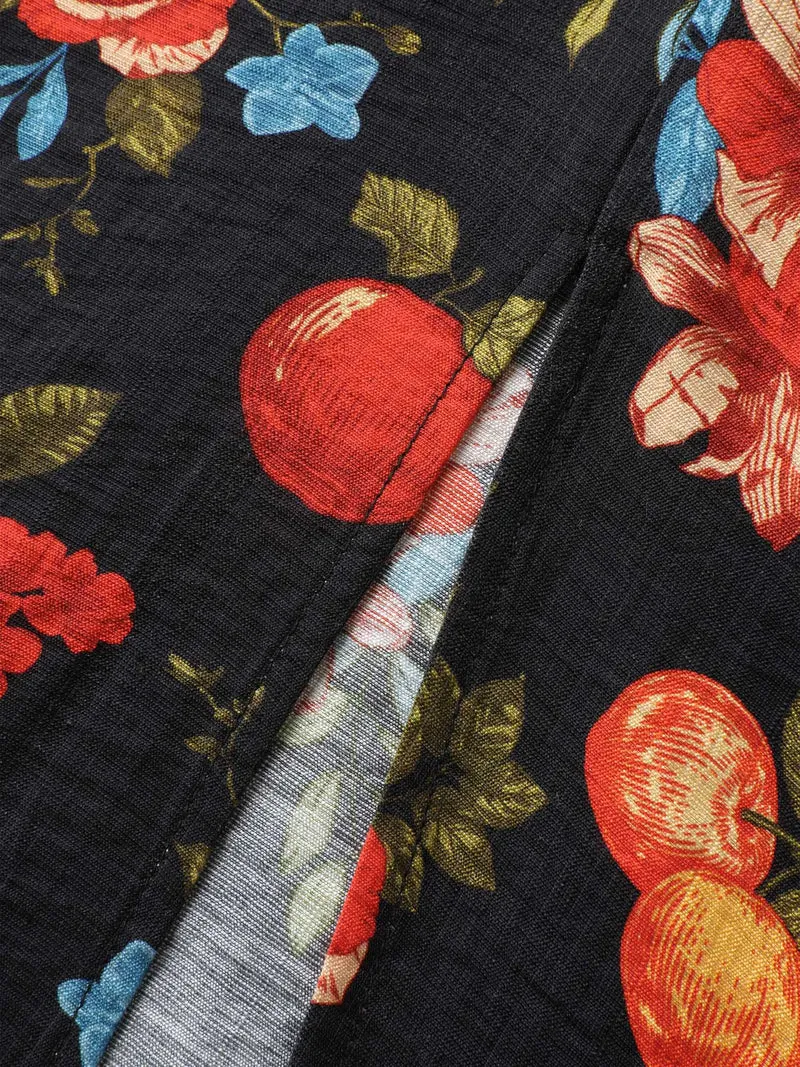 Fall Fruity Floral Waist-Cinched Midi Dress