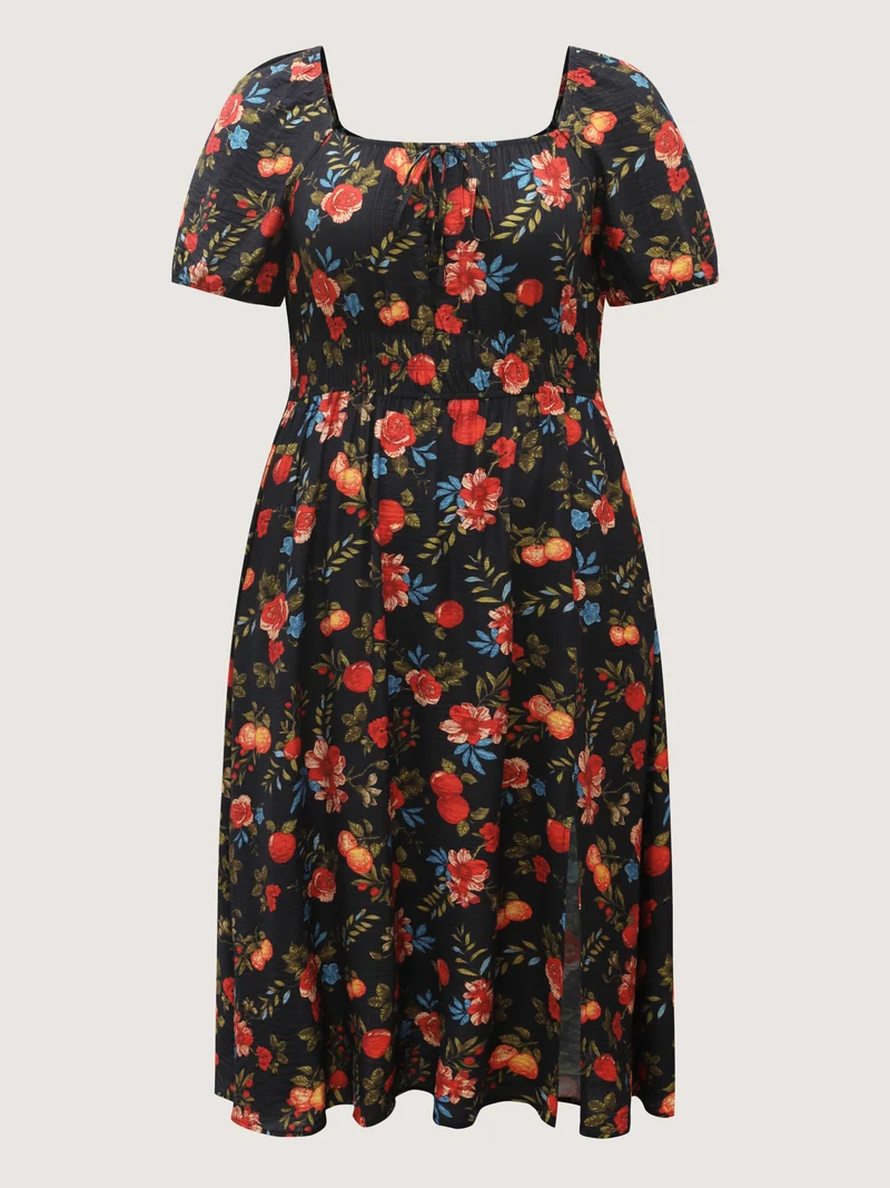 Fall Fruity Floral Waist-Cinched Midi Dress