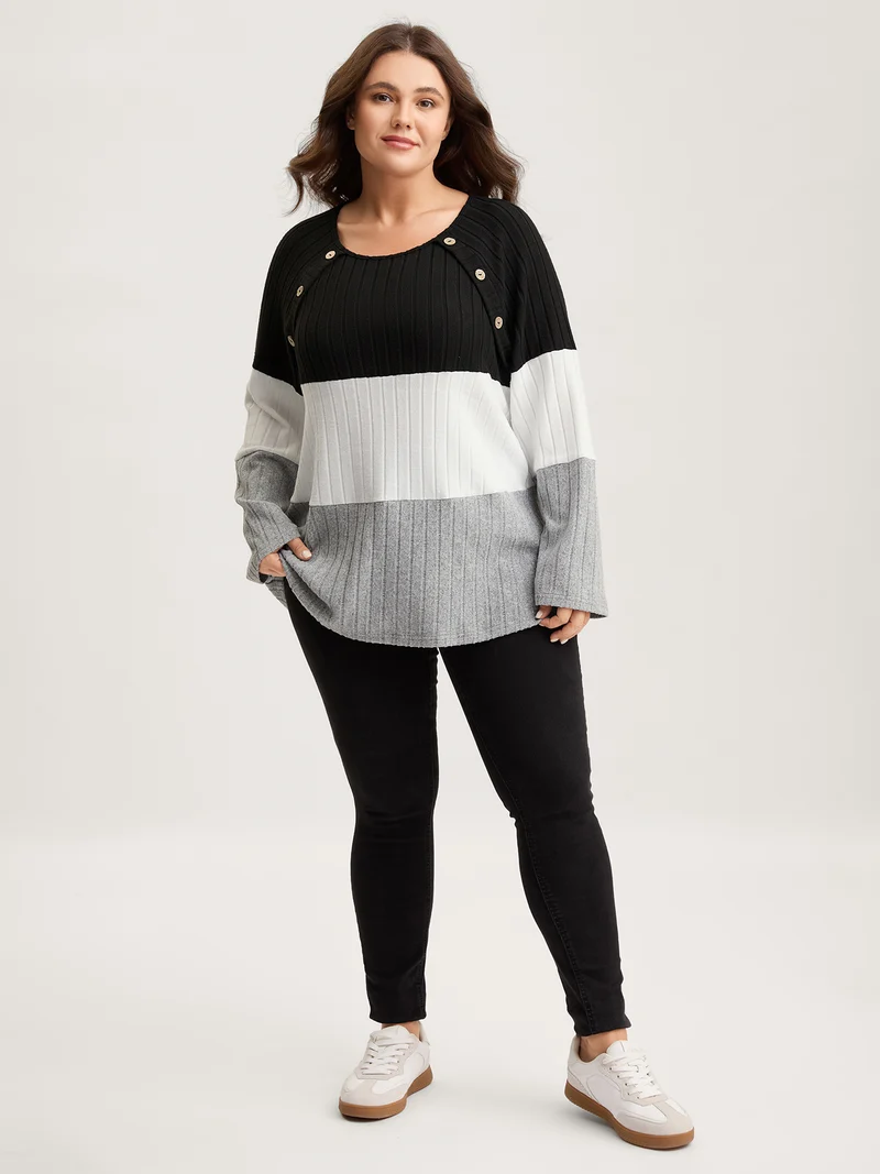Monochrome Stripes Shoulder Button T-Shirt