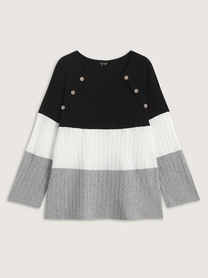 Monochrome Stripes Shoulder Button T-Shirt