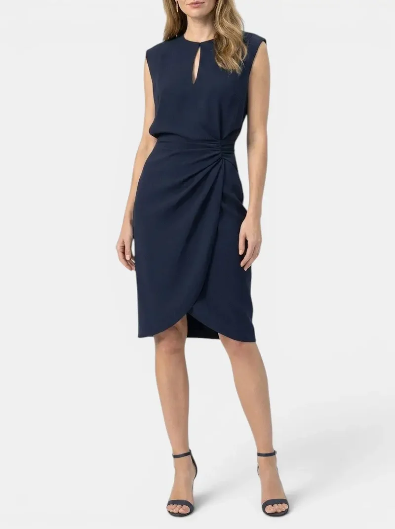 Women's Elegant Midi Cocktail Dress | Keyhole Neckline with Ruched Waist
