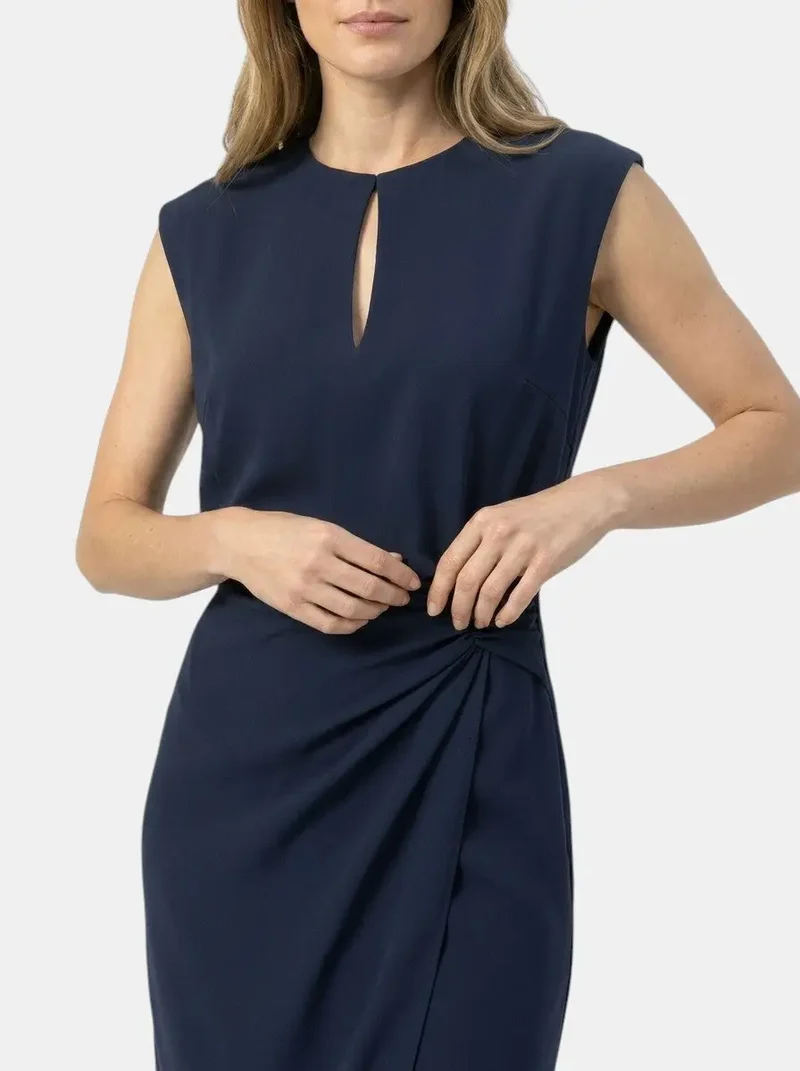 Women's Elegant Midi Cocktail Dress | Keyhole Neckline with Ruched Waist