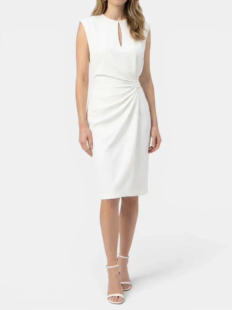 Women's Elegant Midi Cocktail Dress | Keyhole Neckline with Ruched Waist