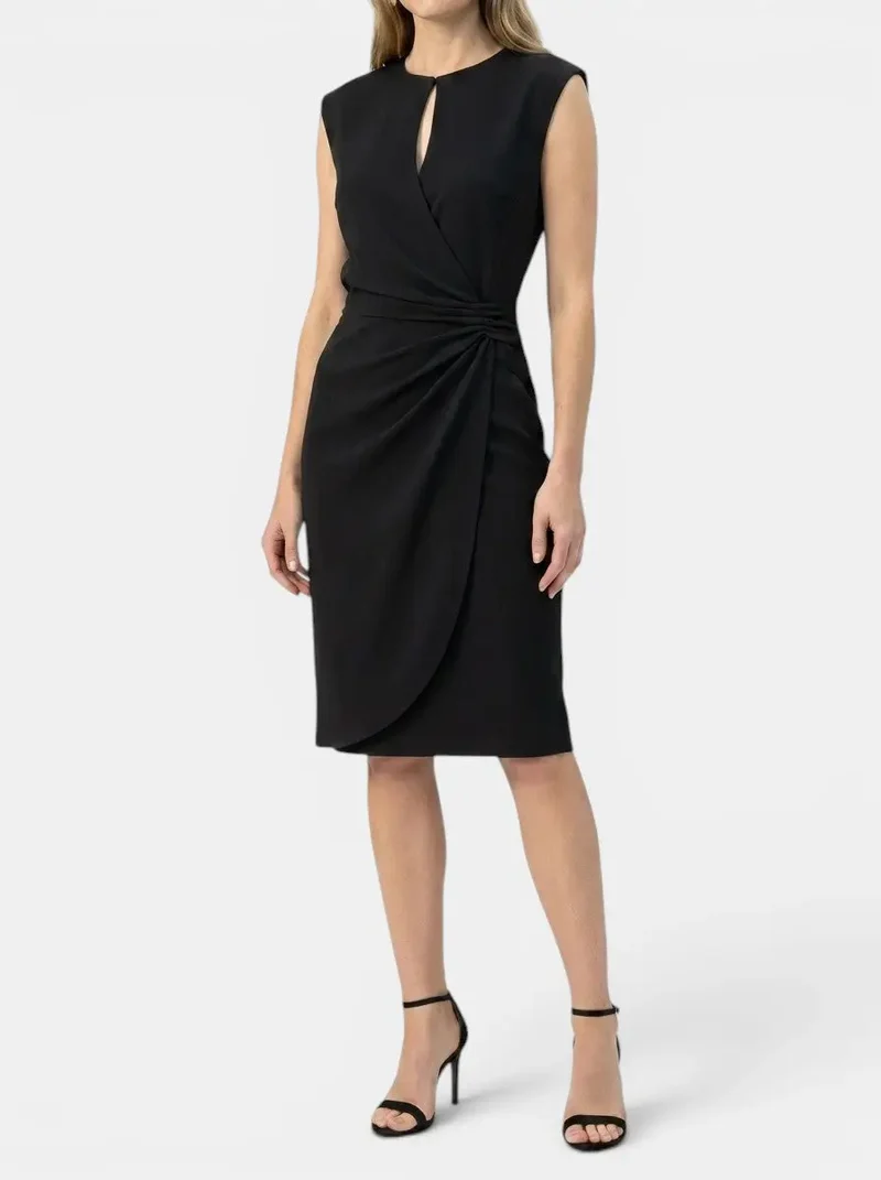 Women's Elegant Midi Cocktail Dress | Keyhole Neckline with Ruched Waist