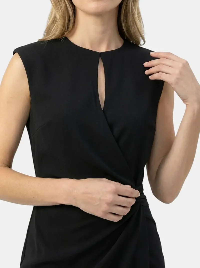 Women's Elegant Midi Cocktail Dress | Keyhole Neckline with Ruched Waist