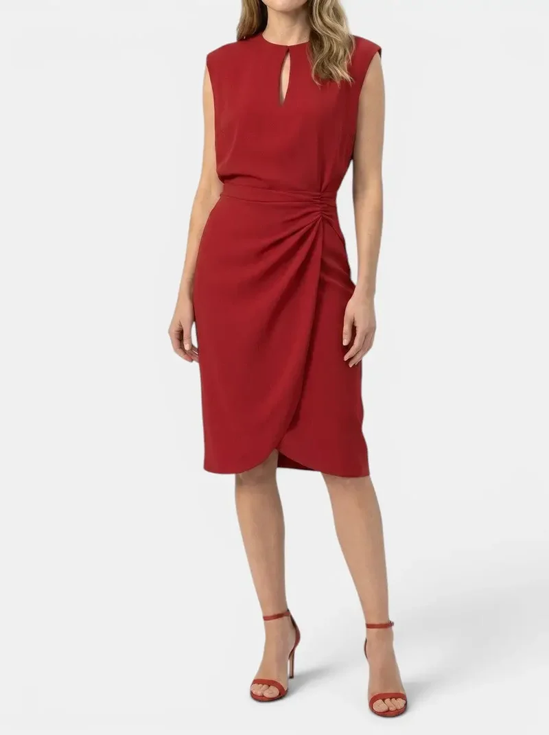 Women's Elegant Midi Cocktail Dress | Keyhole Neckline with Ruched Waist
