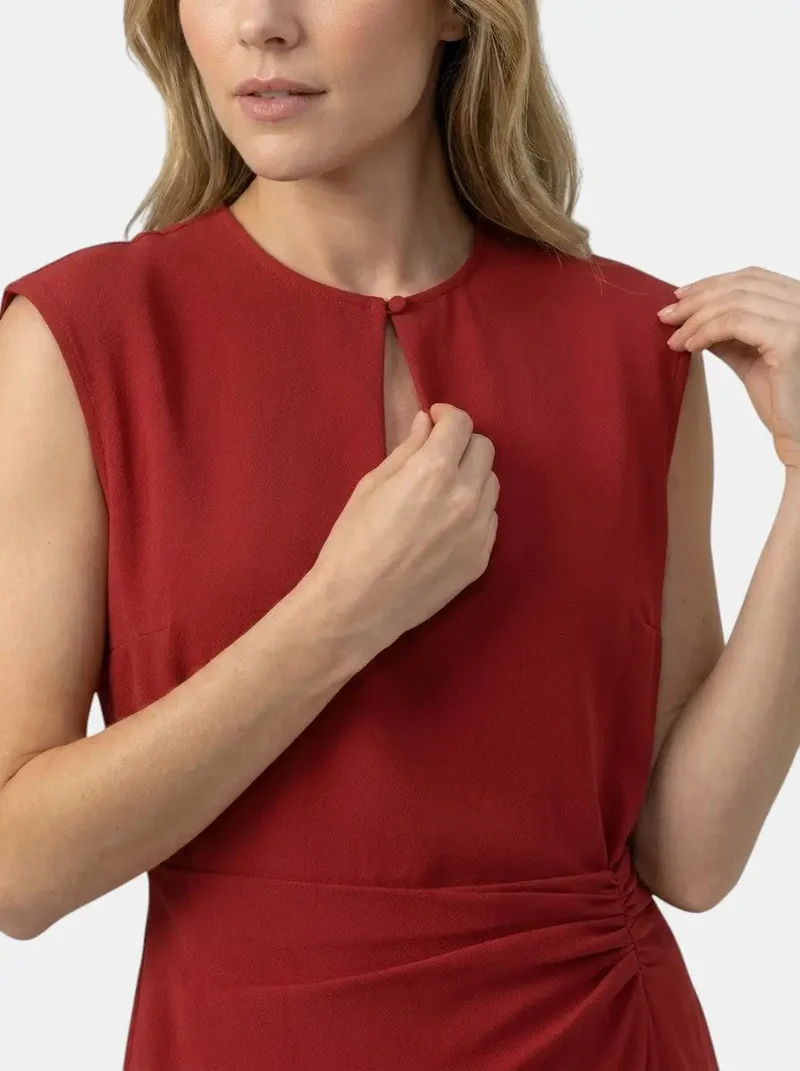 Women's Elegant Midi Cocktail Dress | Keyhole Neckline with Ruched Waist
