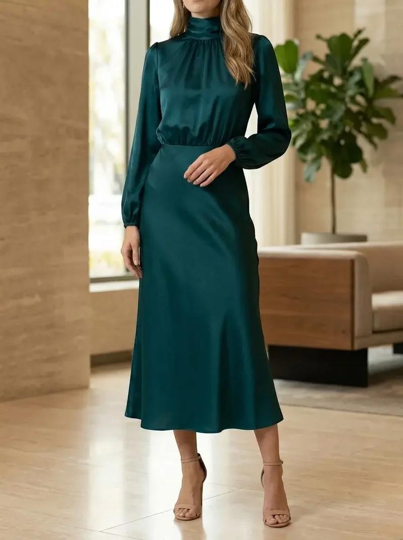 Women's Elegant High-Waist Midi Dress | Sophisticated Long Sleeve Formal Cocktail Gown
