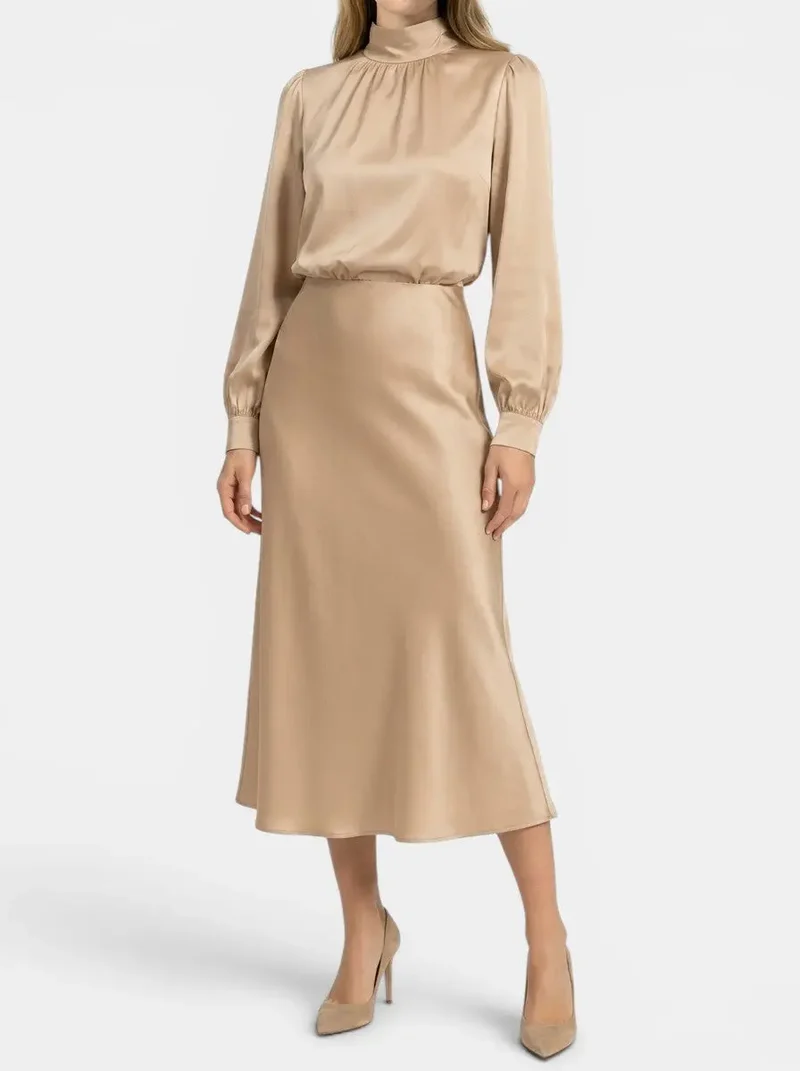 Women's Elegant High-Waist Midi Dress | Sophisticated Long Sleeve Formal Cocktail Gown