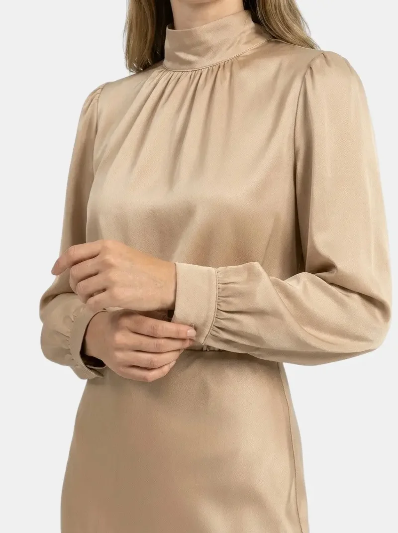 Women's Elegant High-Waist Midi Dress | Sophisticated Long Sleeve Formal Cocktail Gown