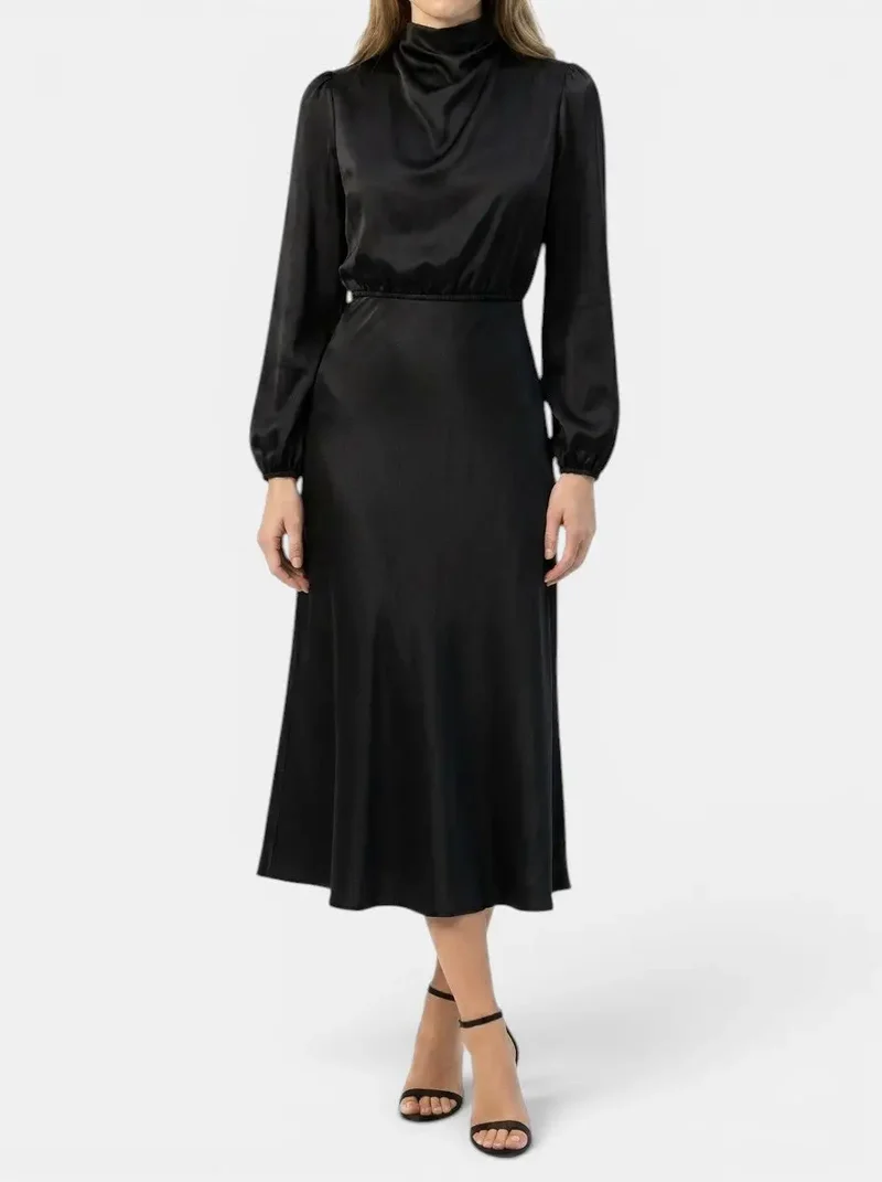 Women's Elegant High-Waist Midi Dress | Sophisticated Long Sleeve Formal Cocktail Gown