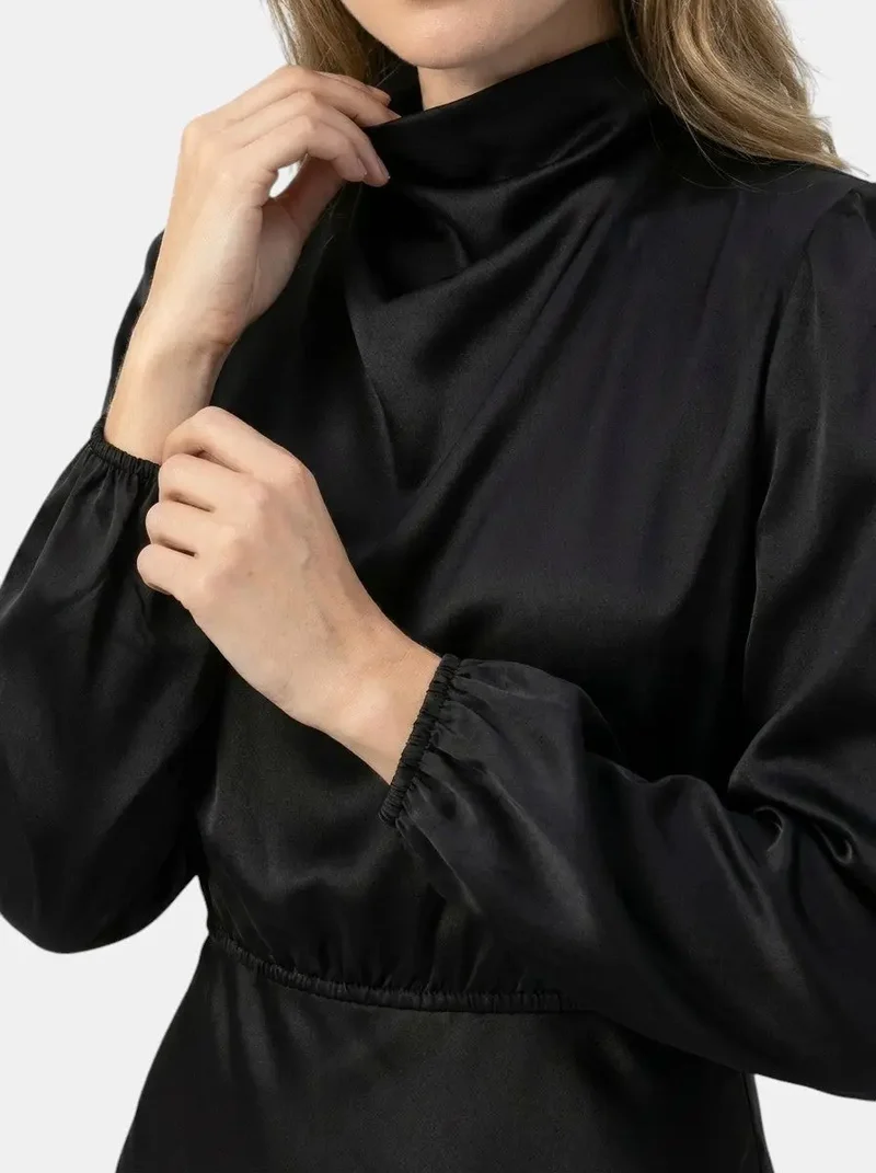 Women's Elegant High-Waist Midi Dress | Sophisticated Long Sleeve Formal Cocktail Gown