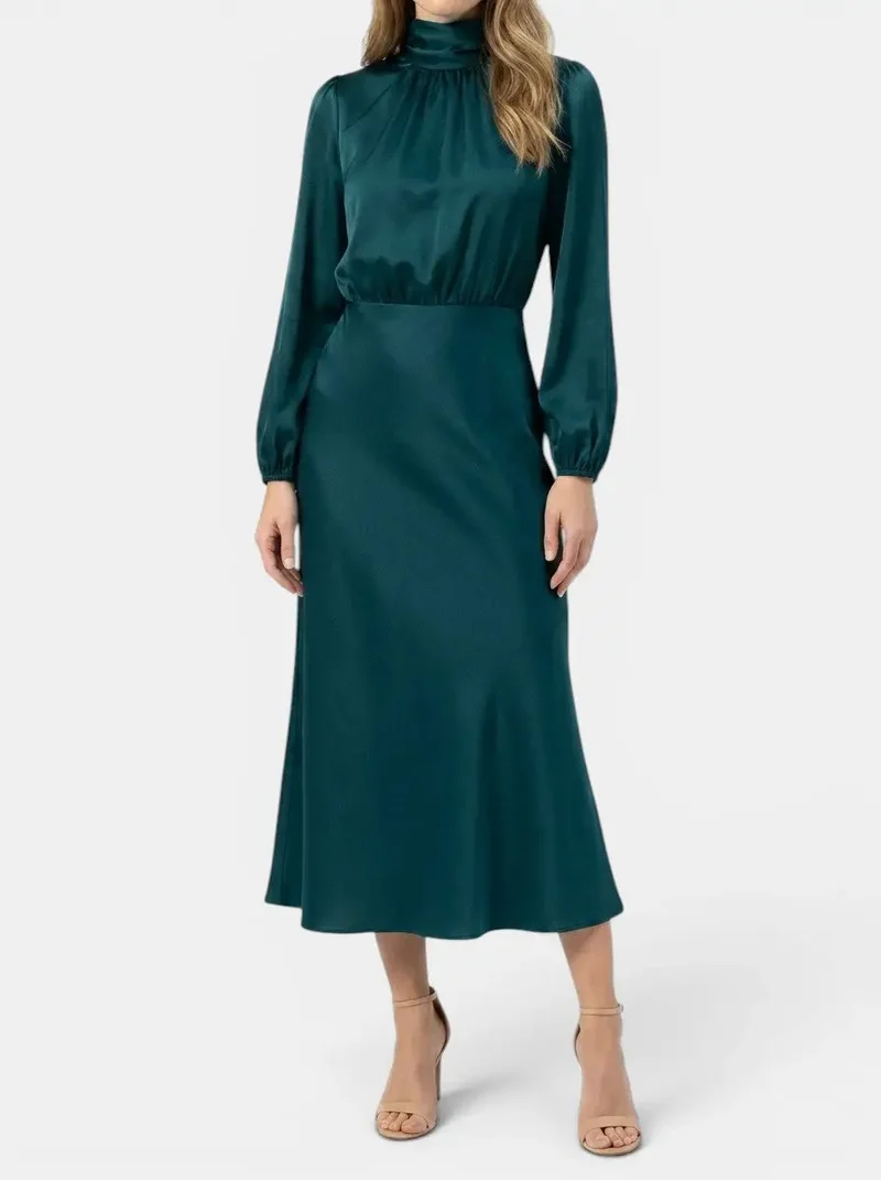 Women's Elegant High-Waist Midi Dress | Sophisticated Long Sleeve Formal Cocktail Gown