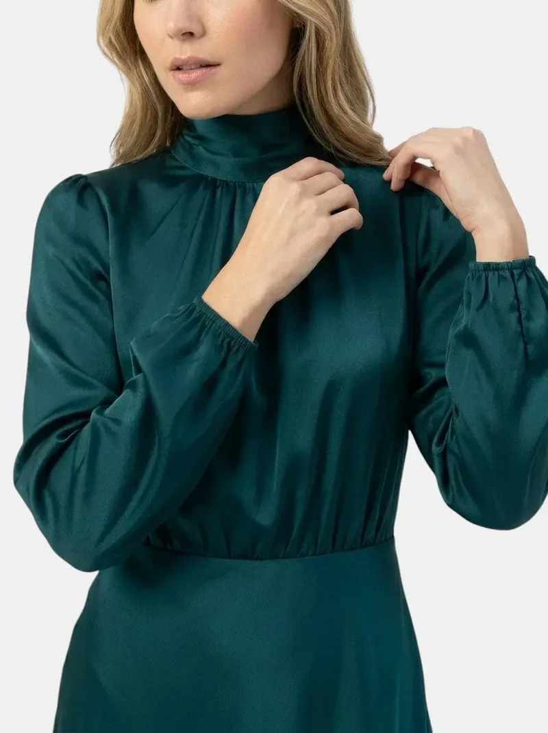 Women's Elegant High-Waist Midi Dress | Sophisticated Long Sleeve Formal Cocktail Gown