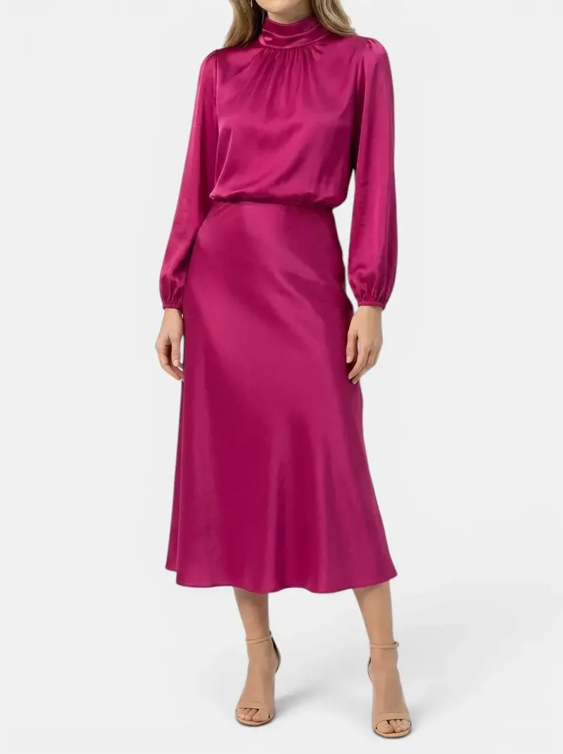 Women's Elegant High-Waist Midi Dress | Sophisticated Long Sleeve Formal Cocktail Gown