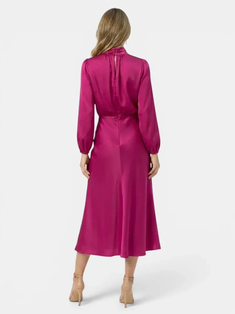 Women's Elegant High-Waist Midi Dress | Sophisticated Long Sleeve Formal Cocktail Gown