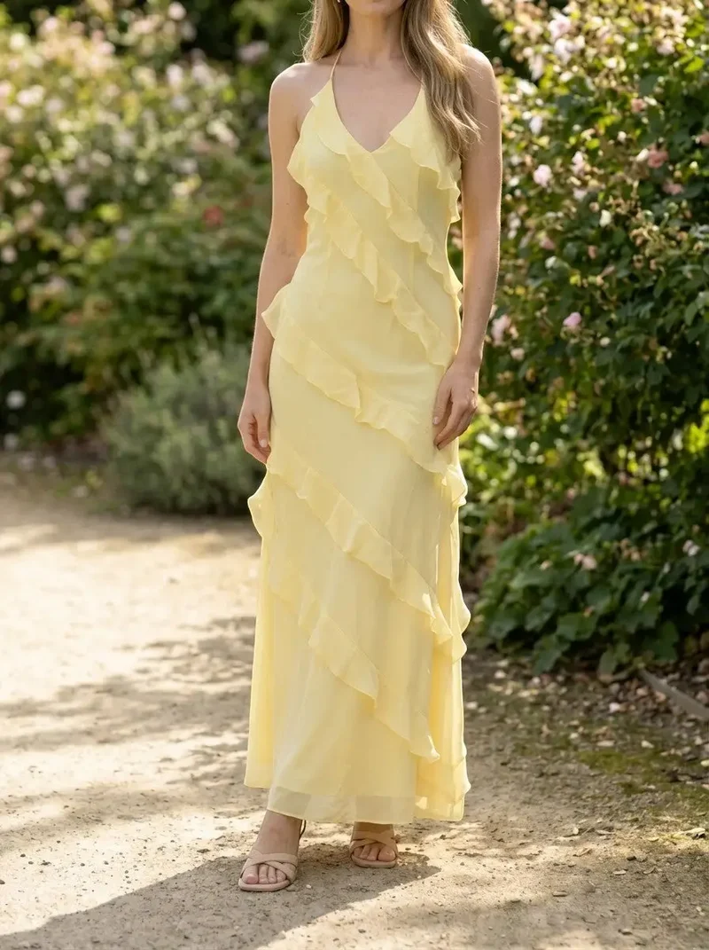 Women's Light Fabric Maxi Dress | Elegant Halter Neck Tiered Ruffles for Summer Events