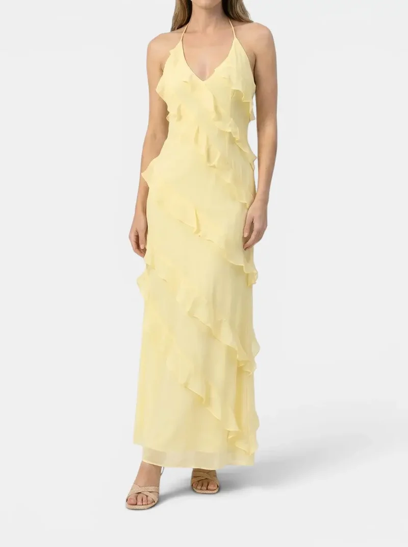 Women's Light Fabric Maxi Dress | Elegant Halter Neck Tiered Ruffles for Summer Events