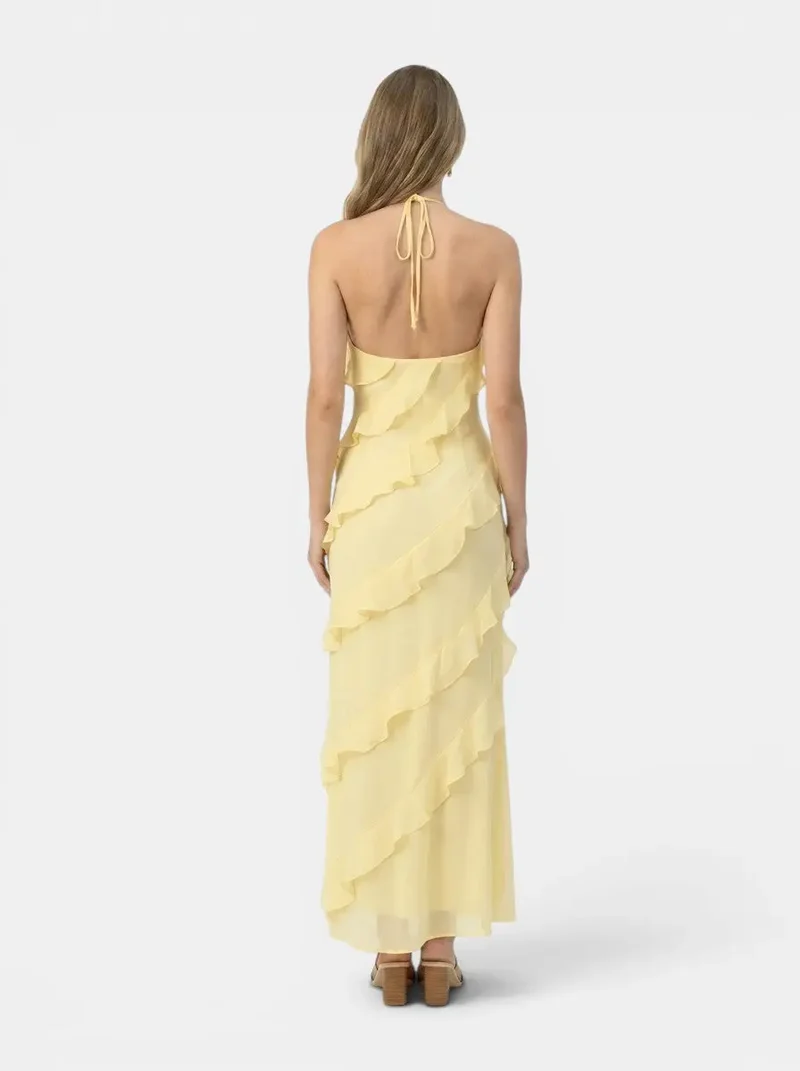 Women's Light Fabric Maxi Dress | Elegant Halter Neck Tiered Ruffles for Summer Events
