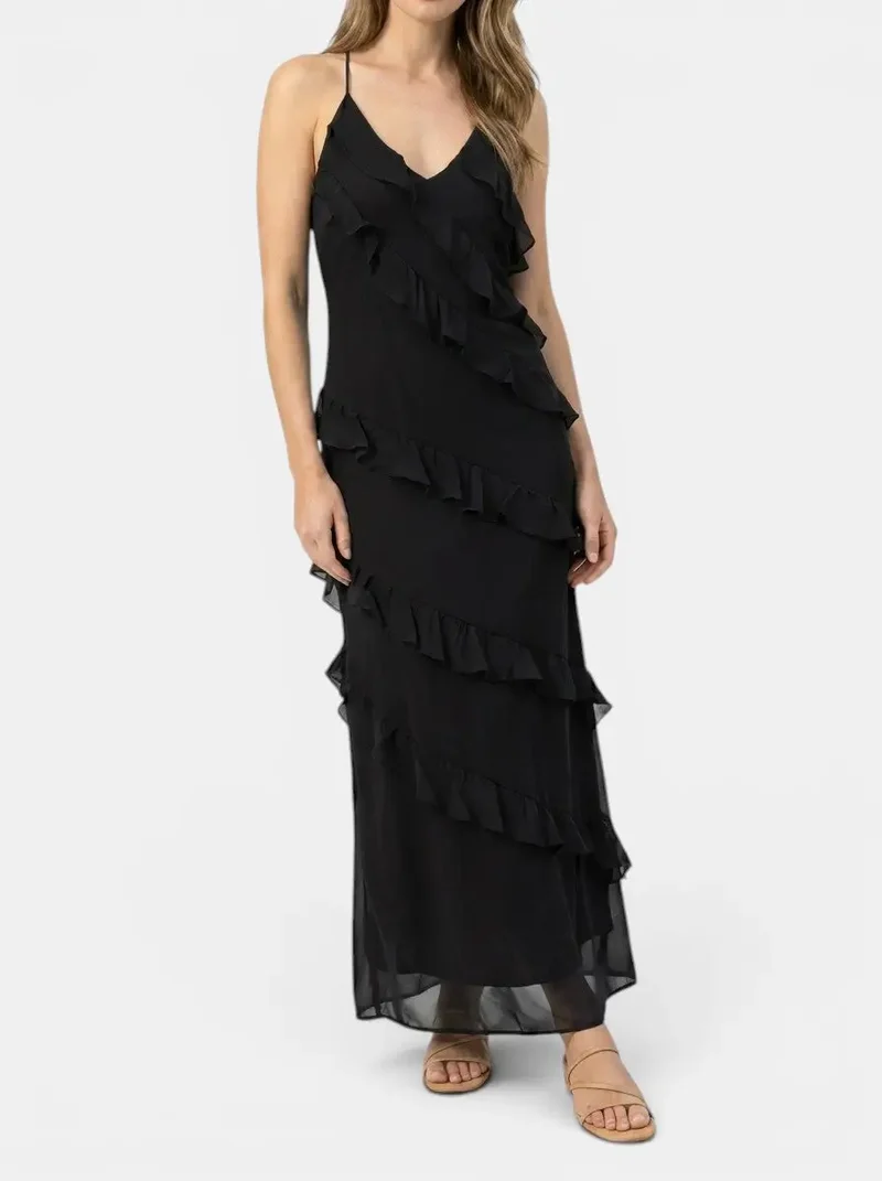 Women's Light Fabric Maxi Dress | Elegant Halter Neck Tiered Ruffles for Summer Events