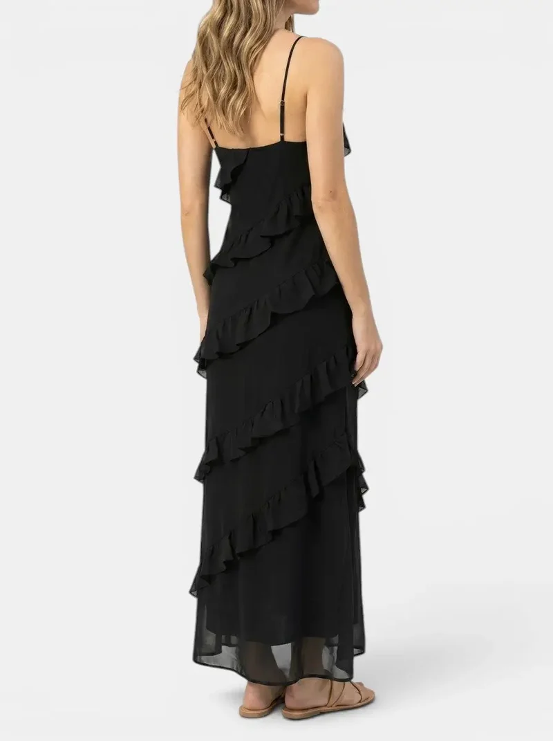 Women's Light Fabric Maxi Dress | Elegant Halter Neck Tiered Ruffles for Summer Events
