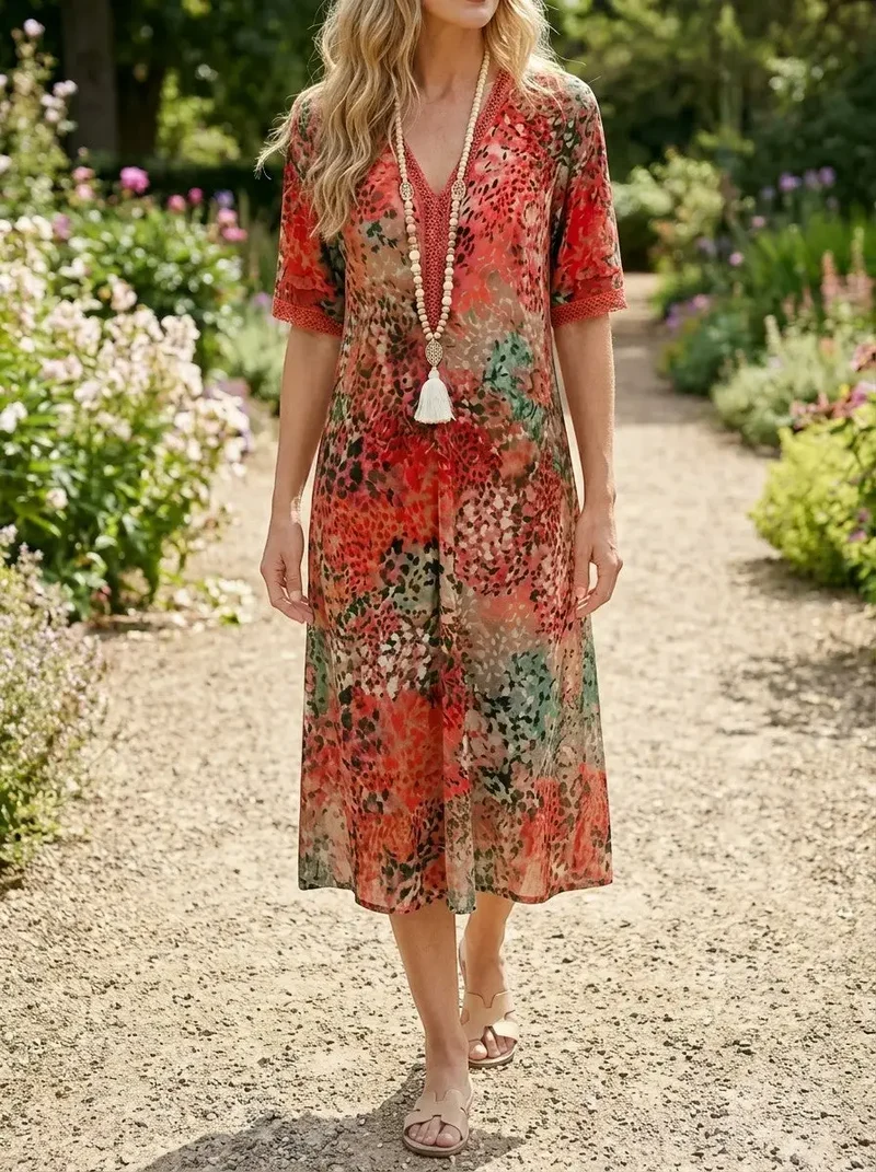 Women's All-Over Printed V-Neck Midi Dress | Relaxed Fit Short Sleeve Dress