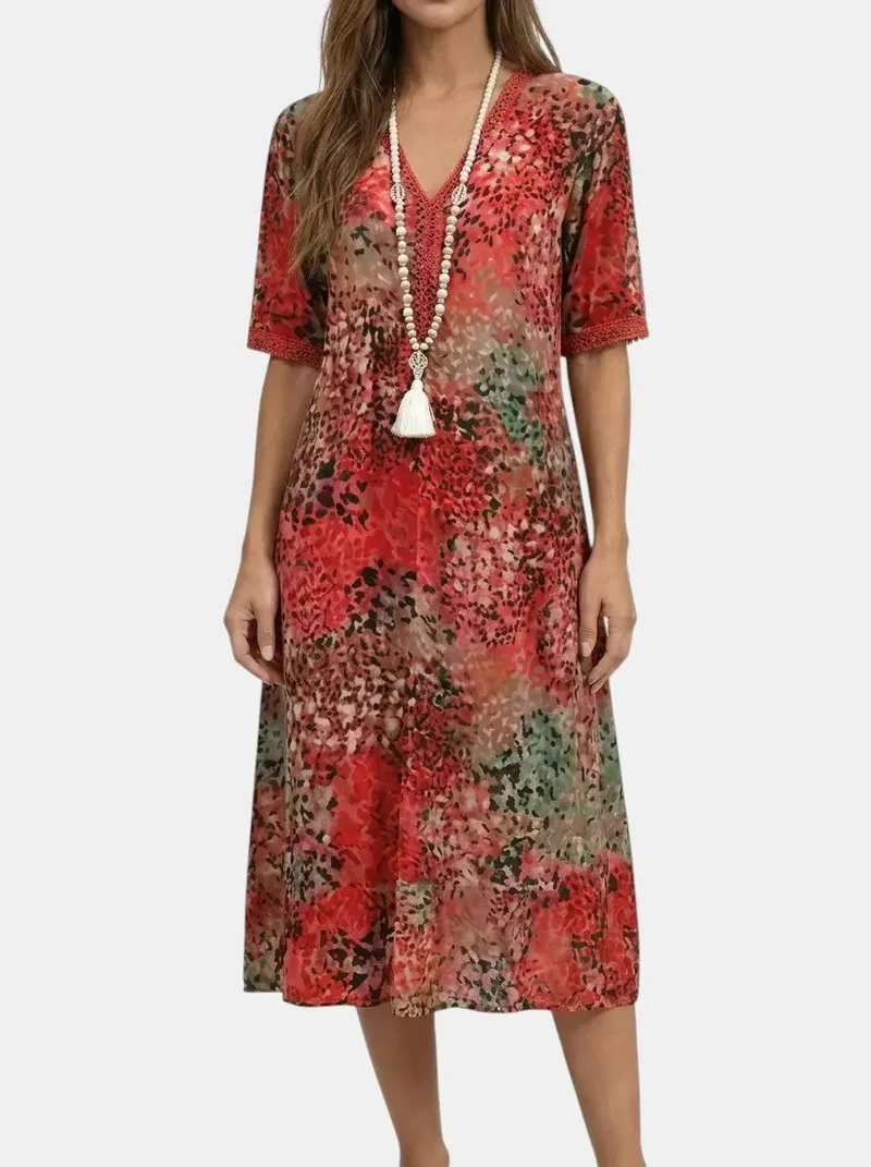 Women's All-Over Printed V-Neck Midi Dress | Relaxed Fit Short Sleeve Dress
