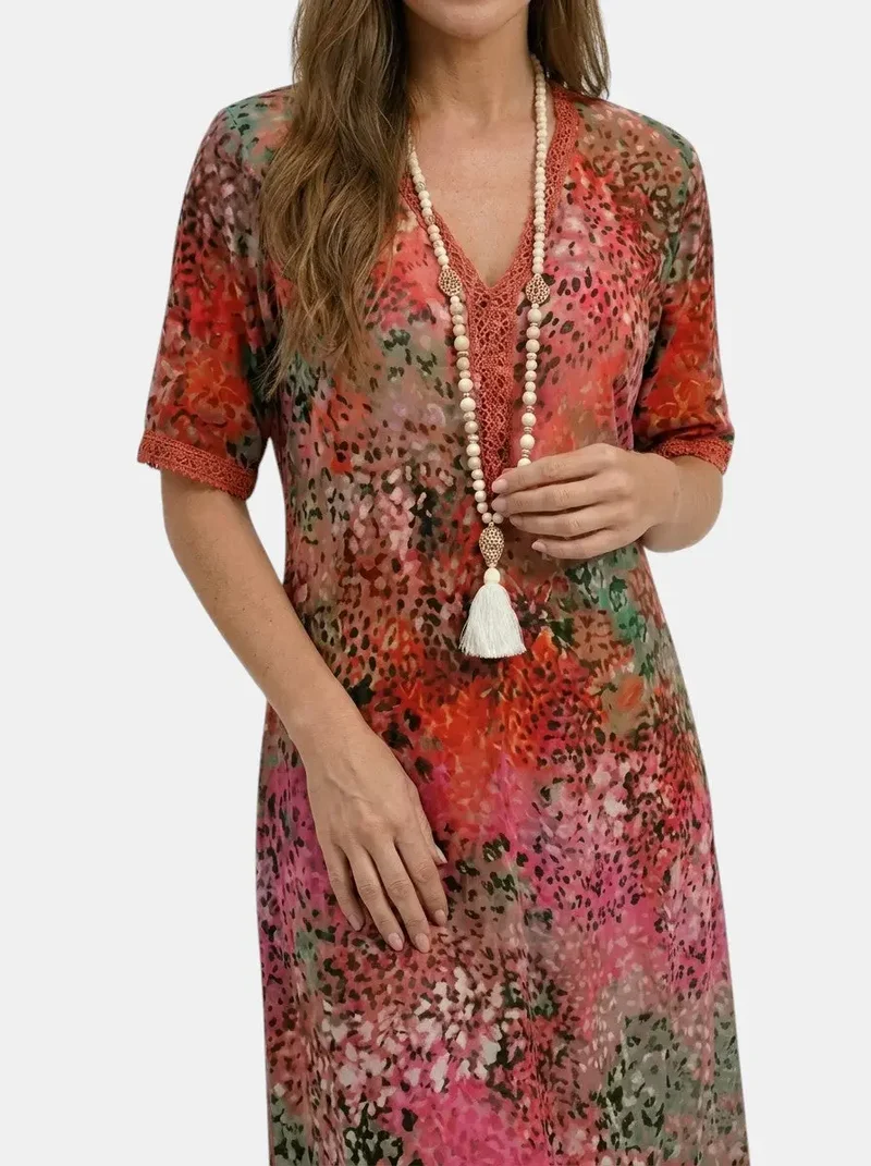 Women's All-Over Printed V-Neck Midi Dress | Relaxed Fit Short Sleeve Dress