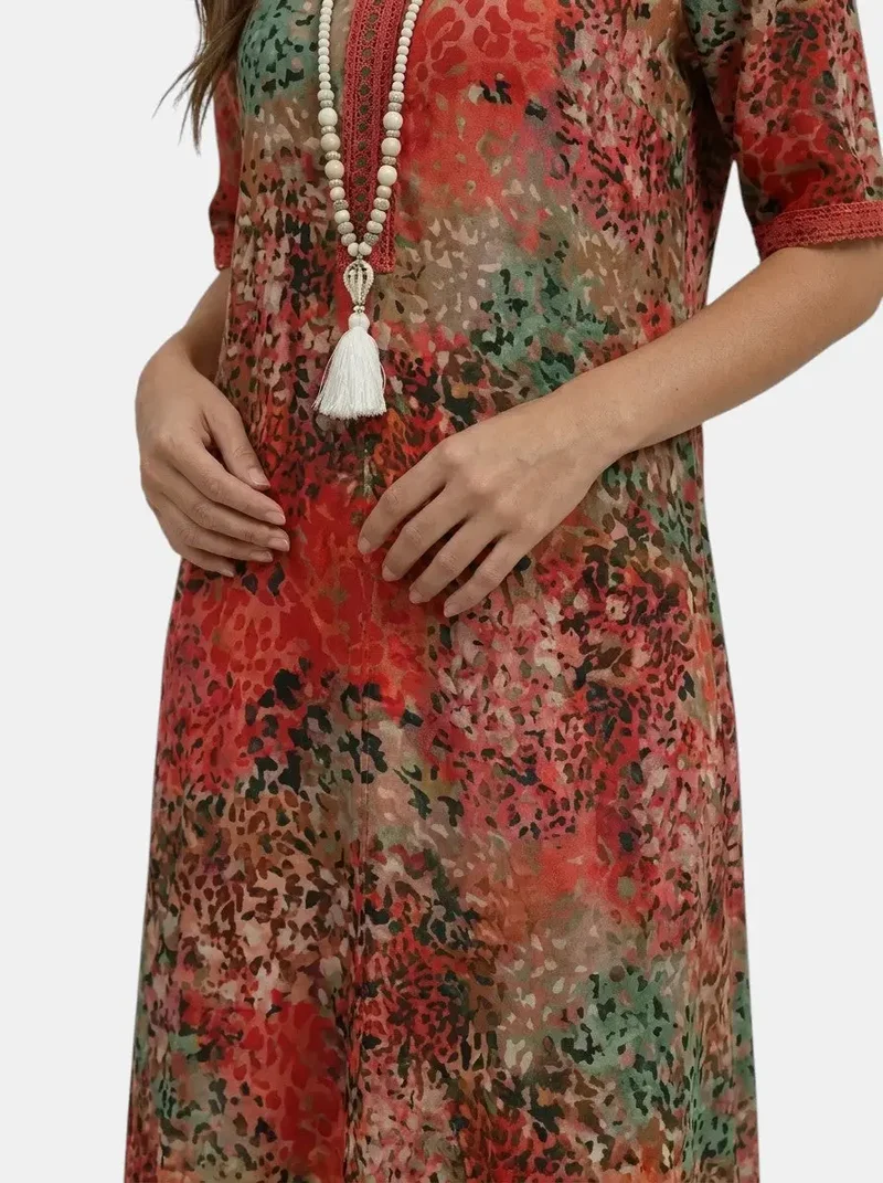 Women's All-Over Printed V-Neck Midi Dress | Relaxed Fit Short Sleeve Dress