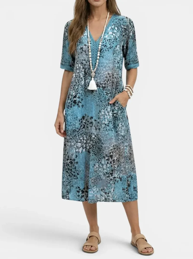 Women's All-Over Printed V-Neck Midi Dress | Relaxed Fit Short Sleeve Dress
