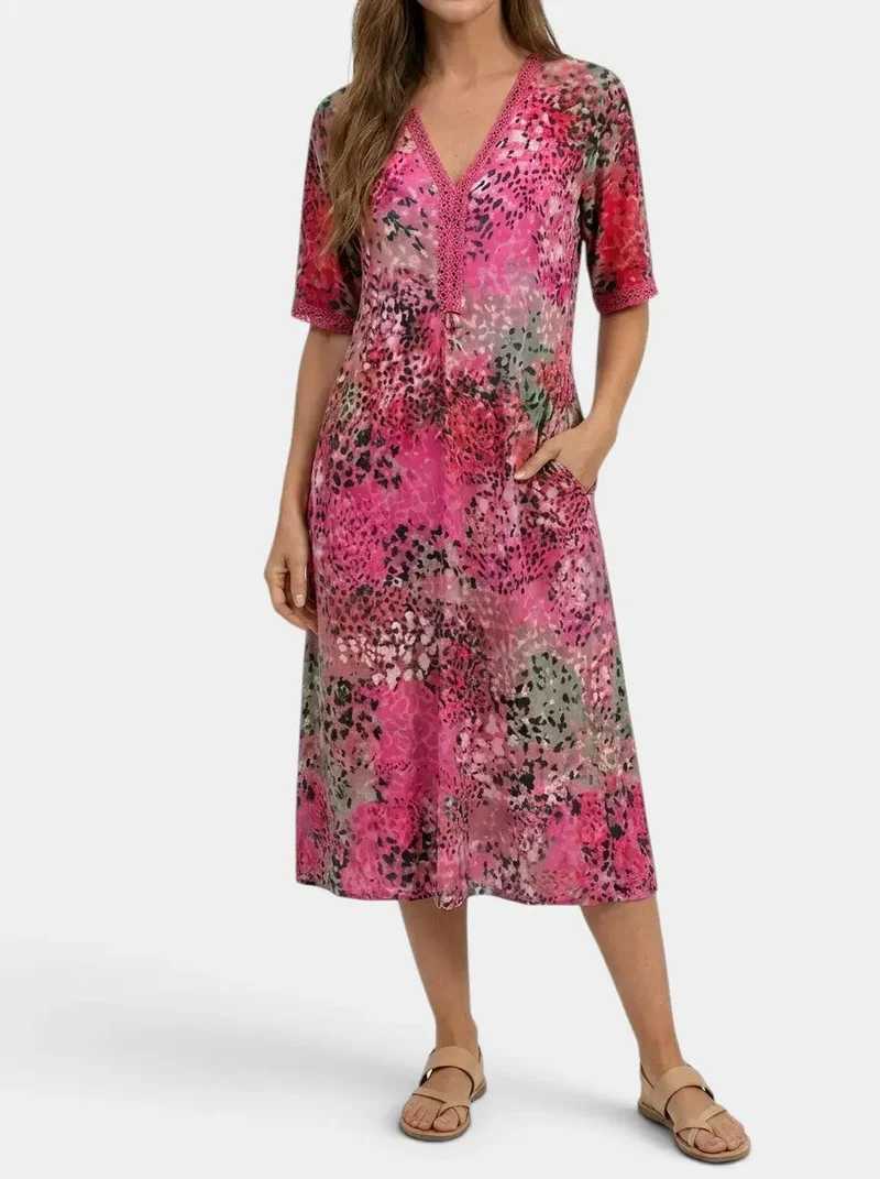 Women's All-Over Printed V-Neck Midi Dress | Relaxed Fit Short Sleeve Dress