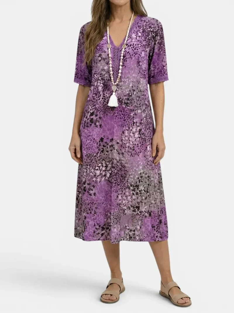 Women's All-Over Printed V-Neck Midi Dress | Relaxed Fit Short Sleeve Dress