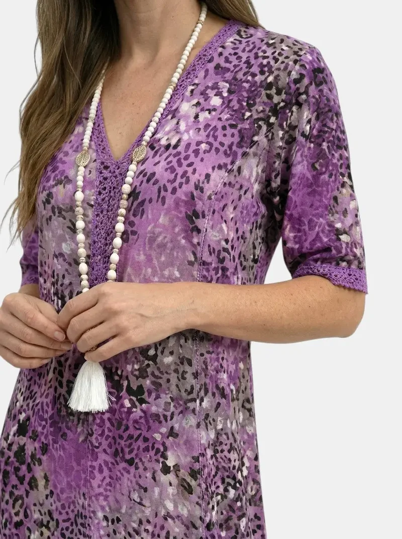 Women's All-Over Printed V-Neck Midi Dress | Relaxed Fit Short Sleeve Dress