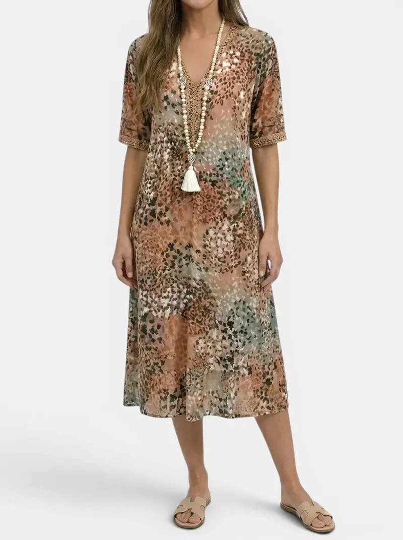 Women's All-Over Printed V-Neck Midi Dress | Relaxed Fit Short Sleeve Dress