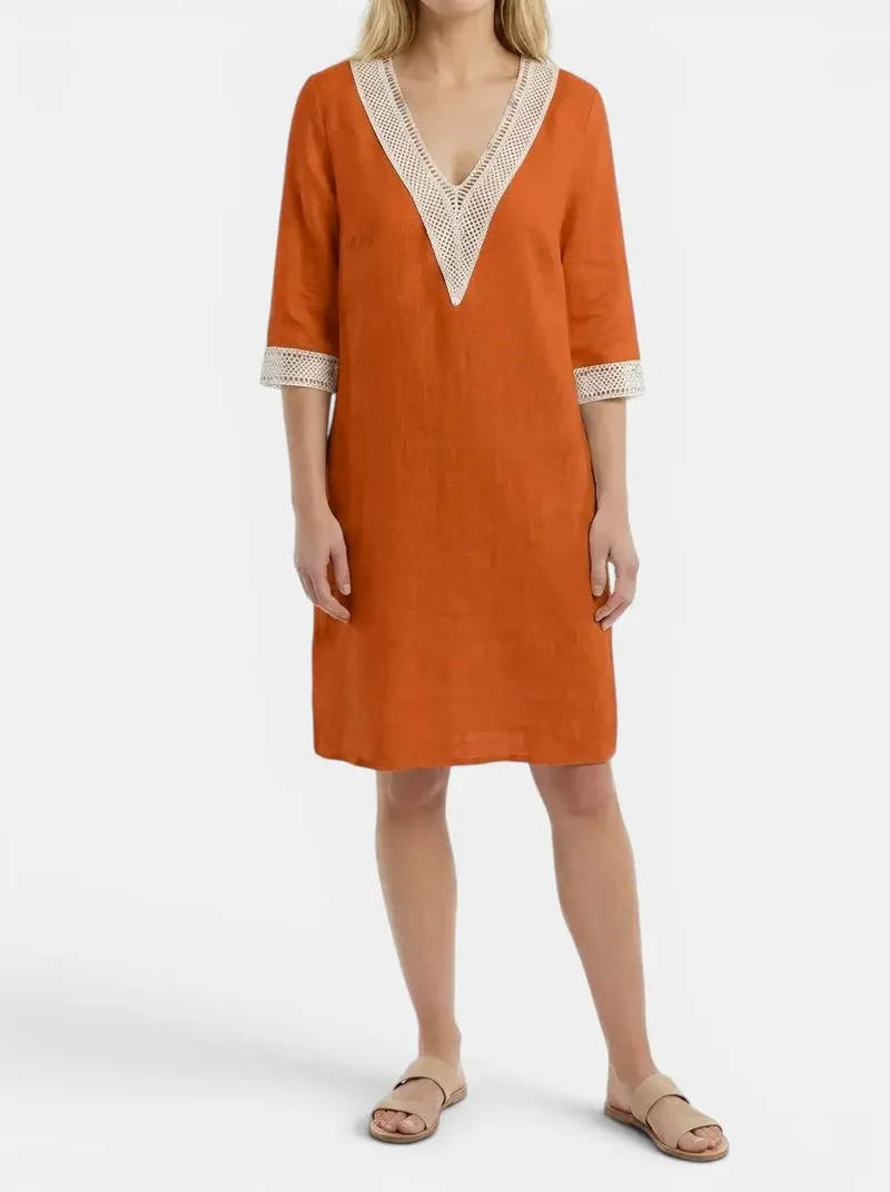 Women's Plain Woven Knee-Length Dress | Elegant Round Neck Short Sleeve Outfit