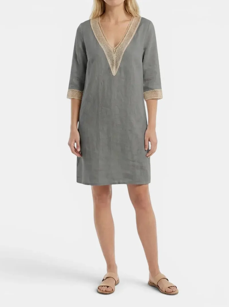 Women's Plain Woven Knee-Length Dress | Elegant Round Neck Short Sleeve Outfit