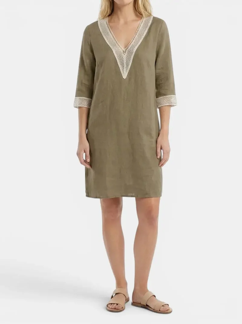 Women's Plain Woven Knee-Length Dress | Elegant Round Neck Short Sleeve Outfit