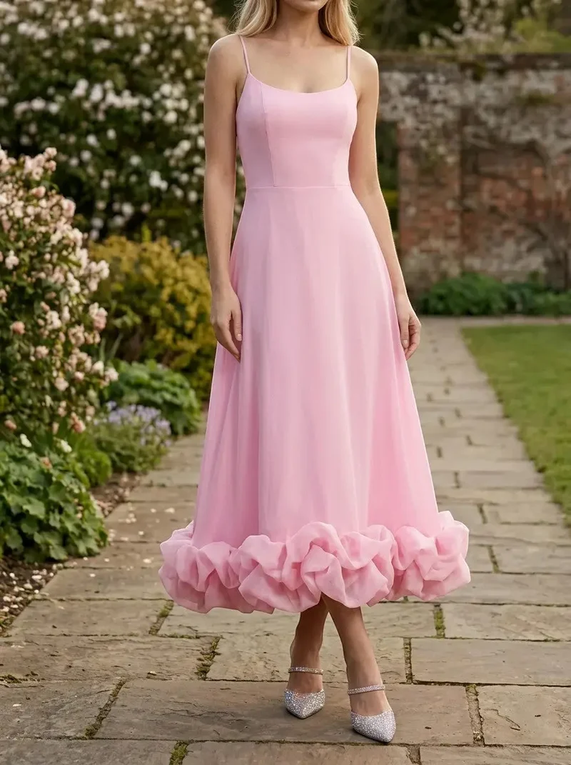 Women's Elegant Fabric Midi Evening Dress | Flattering Ruffle Design