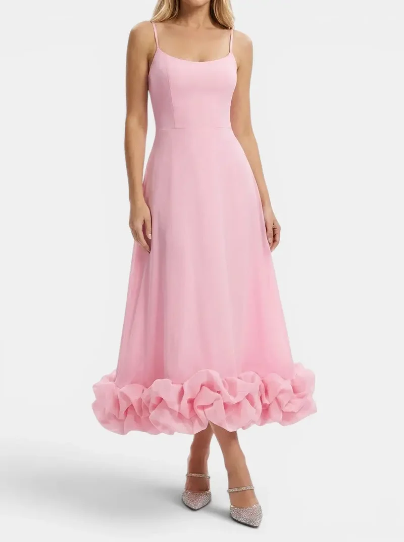 Women's Elegant Fabric Midi Evening Dress | Flattering Ruffle Design