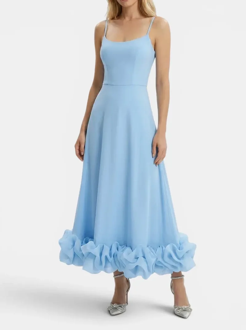 Women's Elegant Fabric Midi Evening Dress | Flattering Ruffle Design