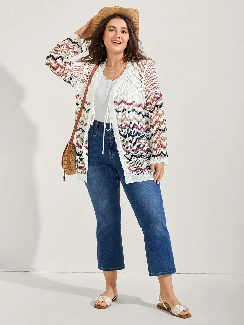 Irregular Stripes Front Double Tie Lightweight Cardigan
