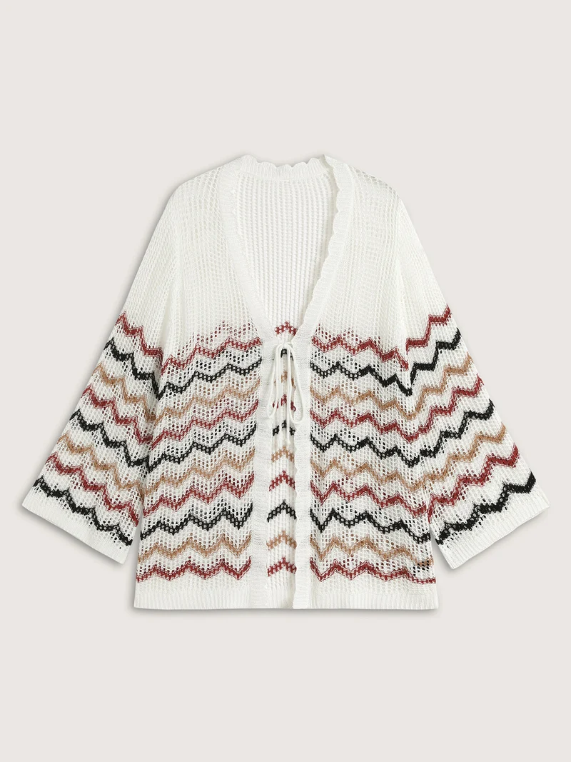 Irregular Stripes Front Double Tie Lightweight Cardigan