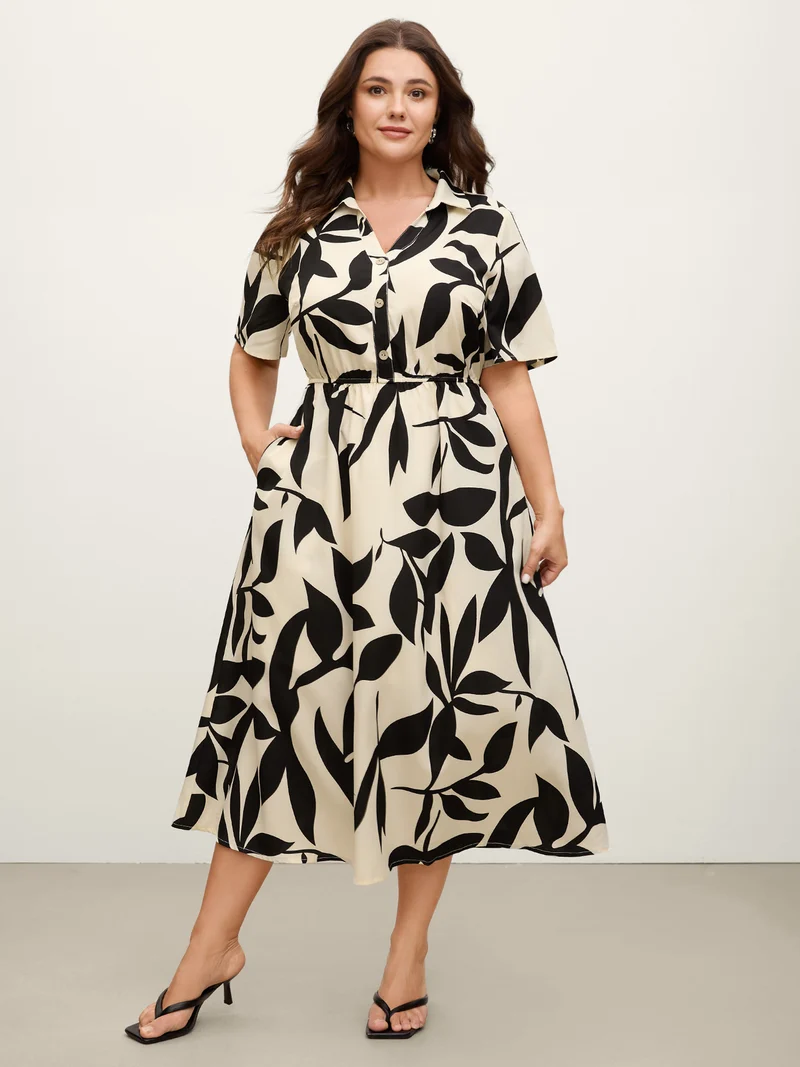 Leaf Print Buttons Waist-Defining Midi Dress