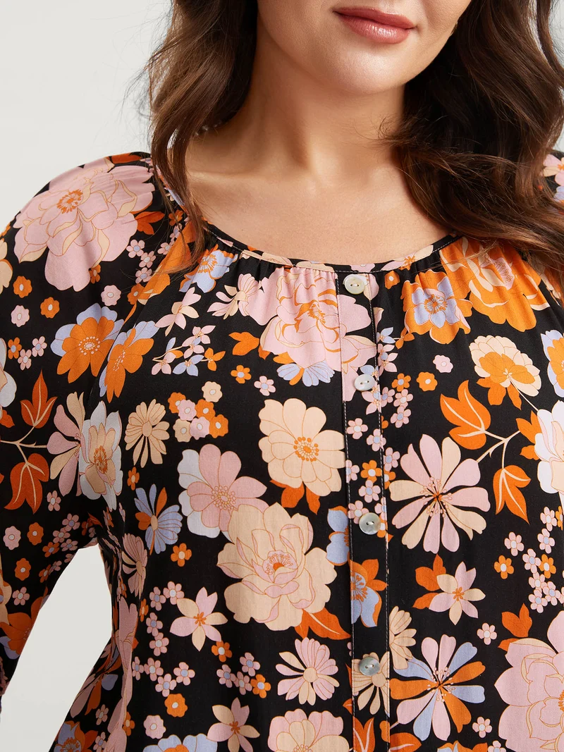 Floral Textured Button Placket Blouse