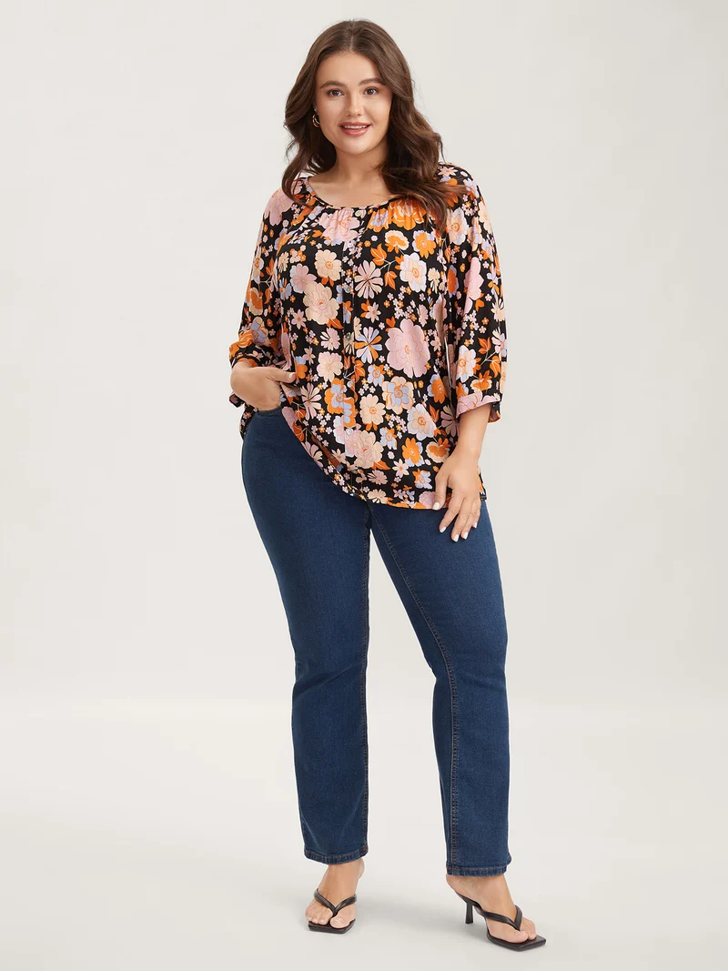 Floral Textured Button Placket Blouse