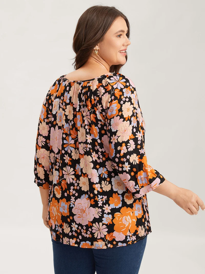 Floral Textured Button Placket Blouse