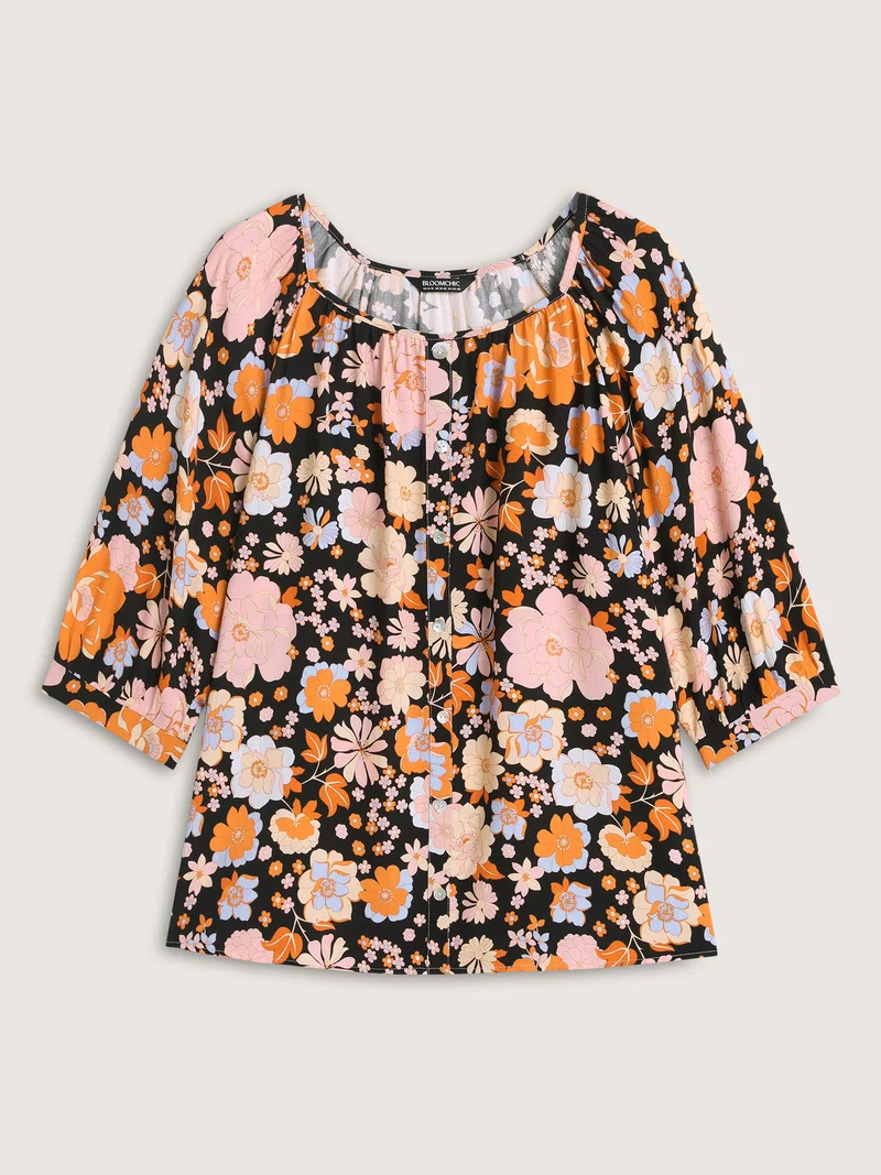 Floral Textured Button Placket Blouse
