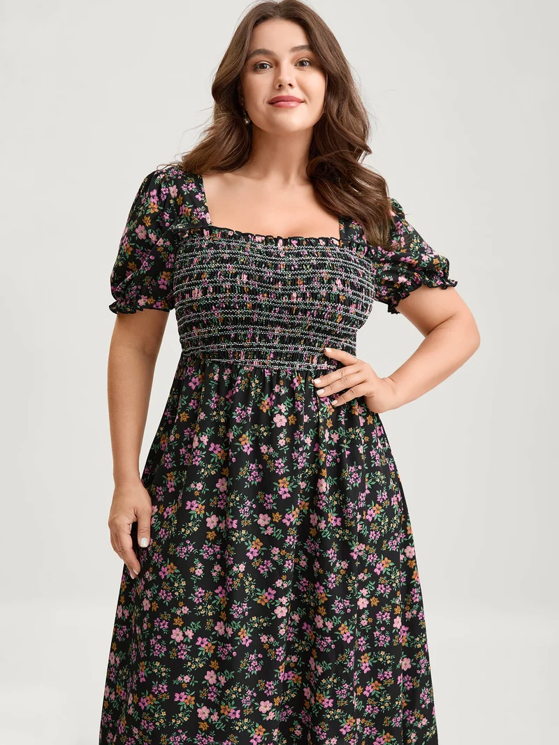 Floral Shirred Bodice Contrast Midi Dress
