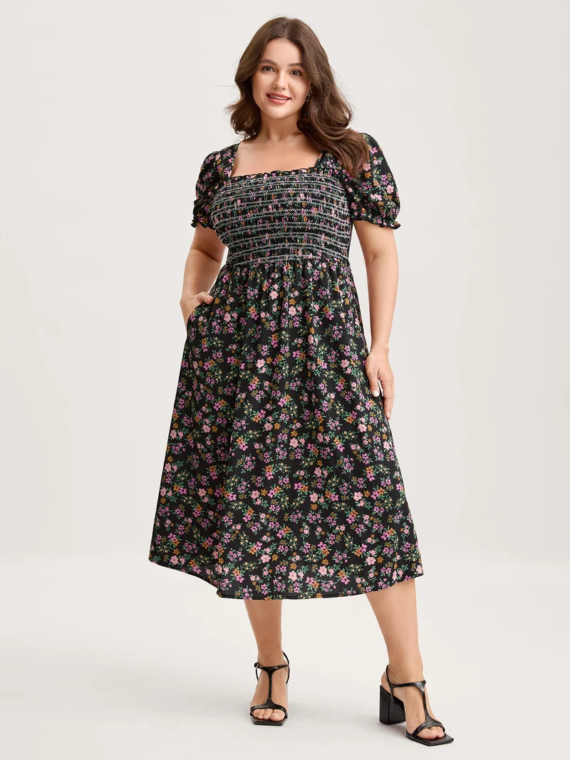 Floral Shirred Bodice Contrast Midi Dress